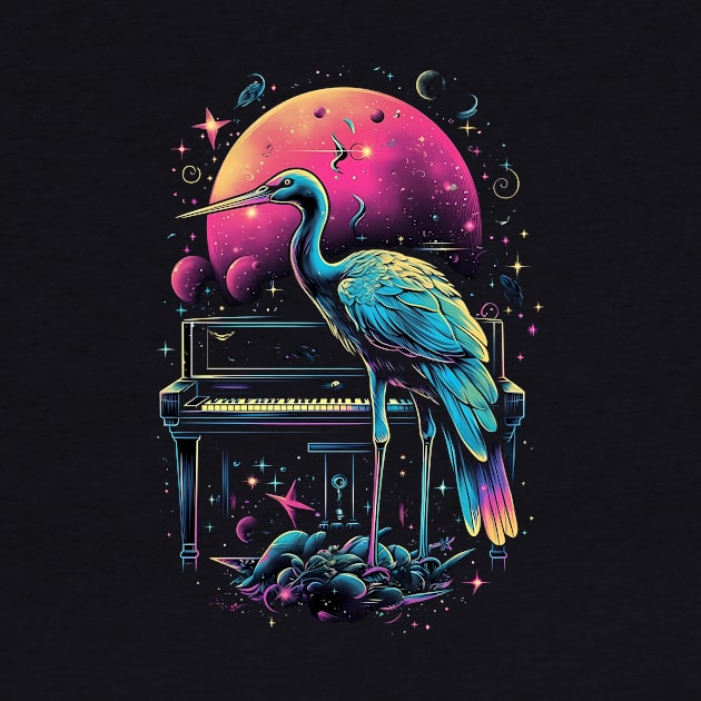 Melodic Cosmos: Flamingo's Piano Voyage through Colorful Galaxy by RetroPrism